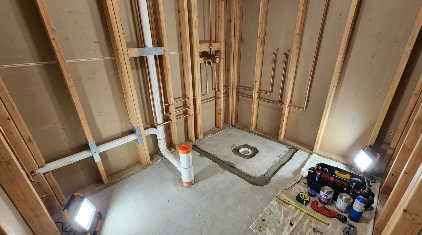 Bathroom rough-in plumbing during remodel by Johns Plumbing LLC in Ogdensburg