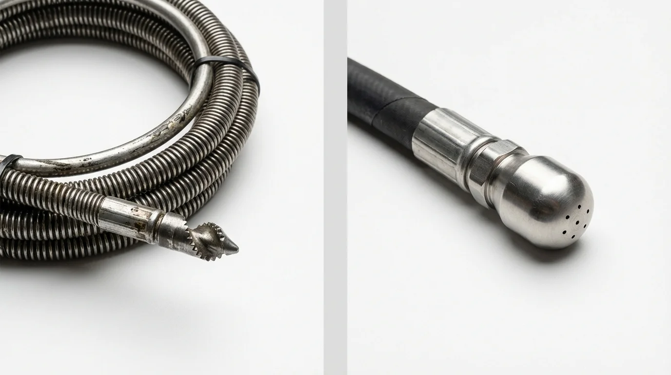 Drain snake cable and hydro jetting nozzle used for drain cleaning in Ogdensburg, NJ