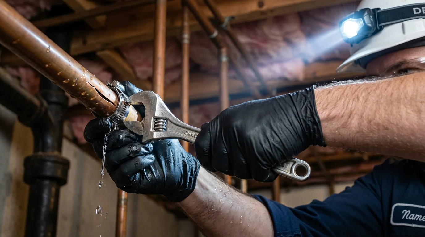 Emergency pipe clamp repair being performed by a Johns Plumbing LLC plumber in Ogdensburg