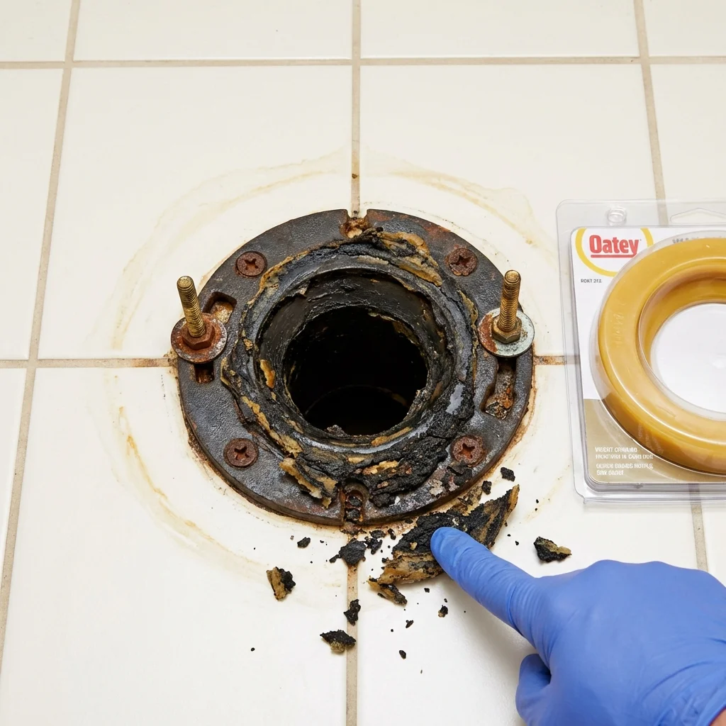 Failed wax ring showing water seepage at the base of a toilet in a Ogdensburg, NJ home
