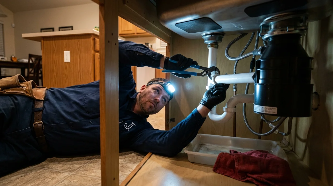 P-trap and supply line connections under a kitchen sink showing a common leak point in Ogdensburg, NJ